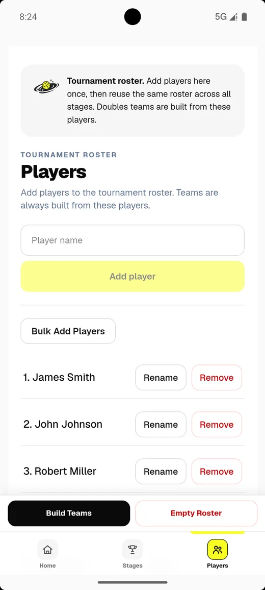 Ecrã Players com a lista do torneio
